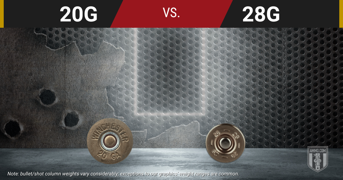 20 Gauge and 28 Gauge shell base diameters compared side by side, showing the 0.065-inch bore difference that drives payload, recoil, and pattern density