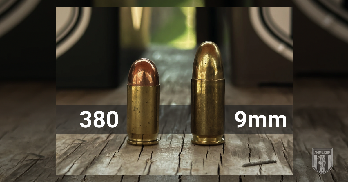 .380 ACP vs. 9mm ammunition cartridges side-by-side size comparison on wooden surface