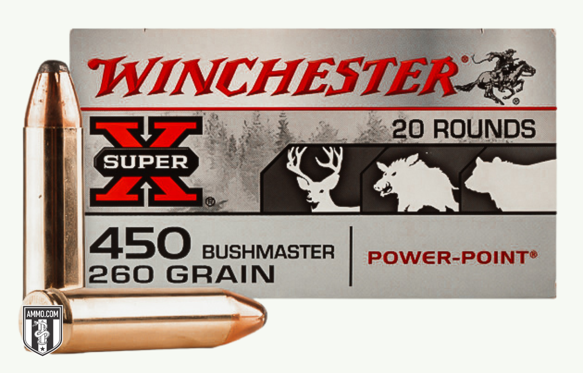 Winchester Super X 450 Bushmaster 260 grain Power-Point ammunition box with cartridge