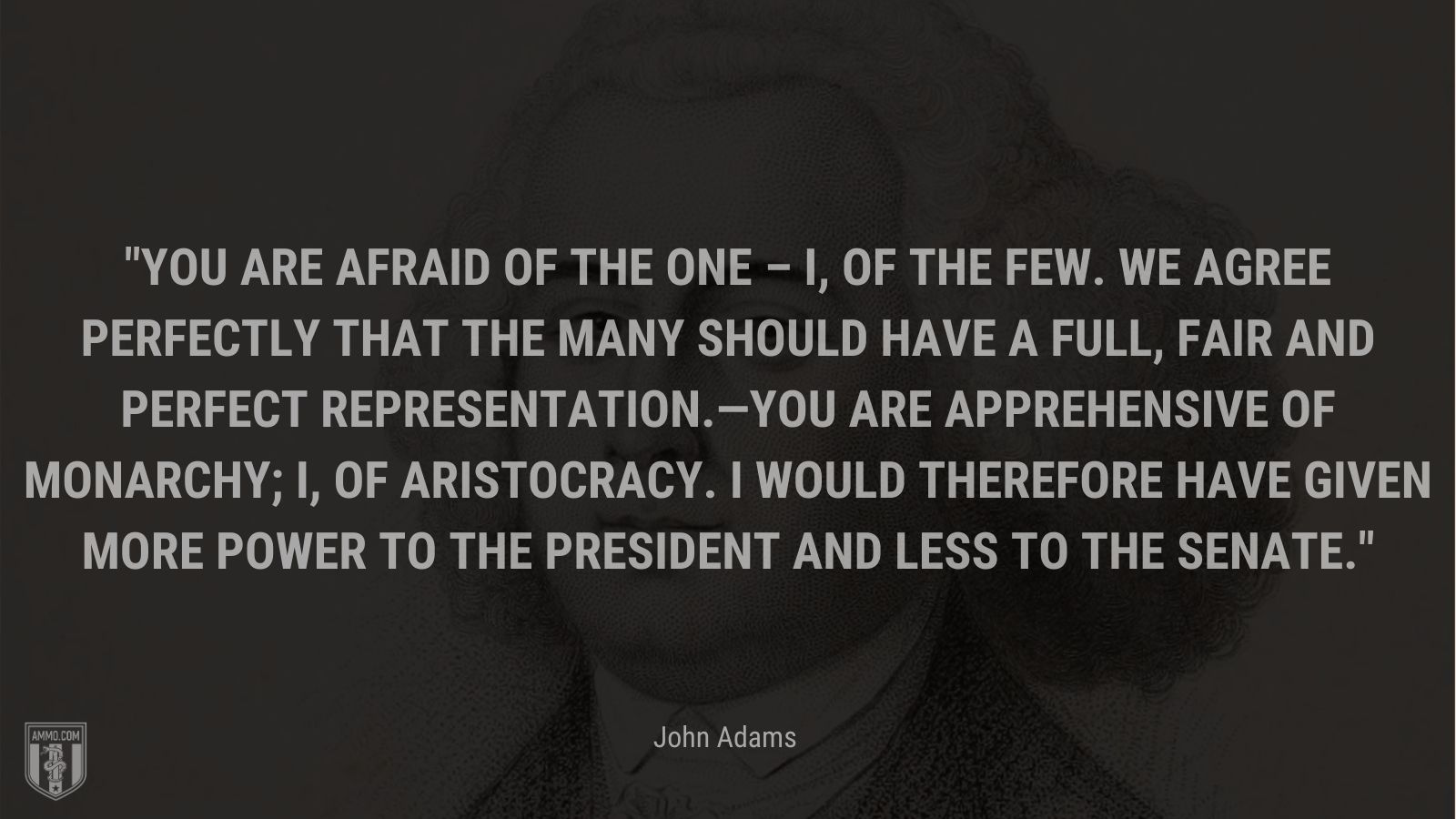 “You are afraid of the one – I, of the few. We agree perfectly that the many should have a full, fair and perfect  Representation.—You are Apprehensive of Monarchy; I, of Aristocracy. I would therefore have given more Power to the President and less to the Senate.” - John Adam