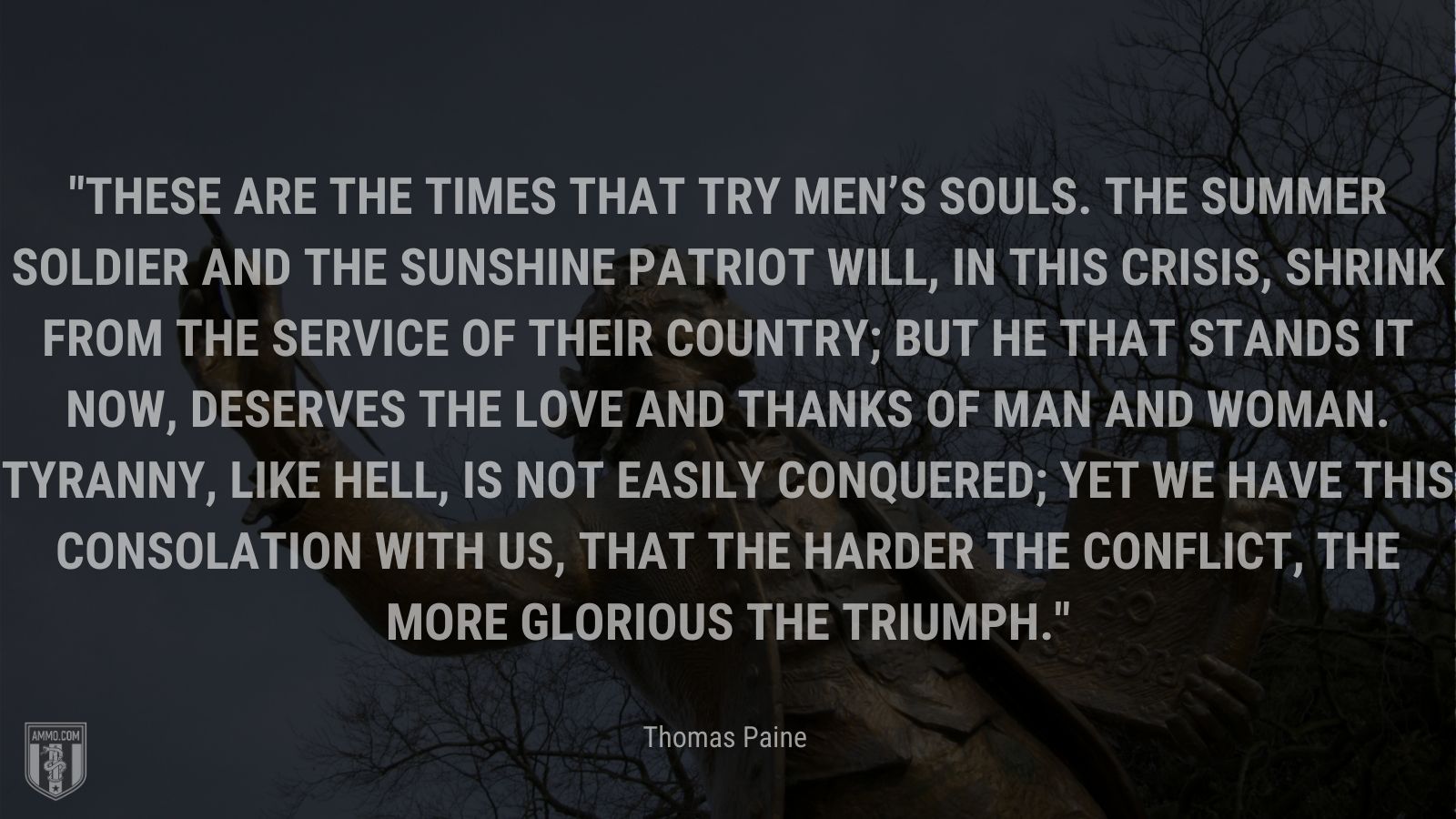 “These are the times that try men’s souls. The summer soldier and the sunshine patriot will, in this crisis, shrink from the service of their country; but he that stands it now, deserves the love and thanks of man and woman. Tyranny, like hell, is not easily conquered; yet we have this consolation with us, that the harder the conflict, the more glorious the triumph.” - Thomas Paine