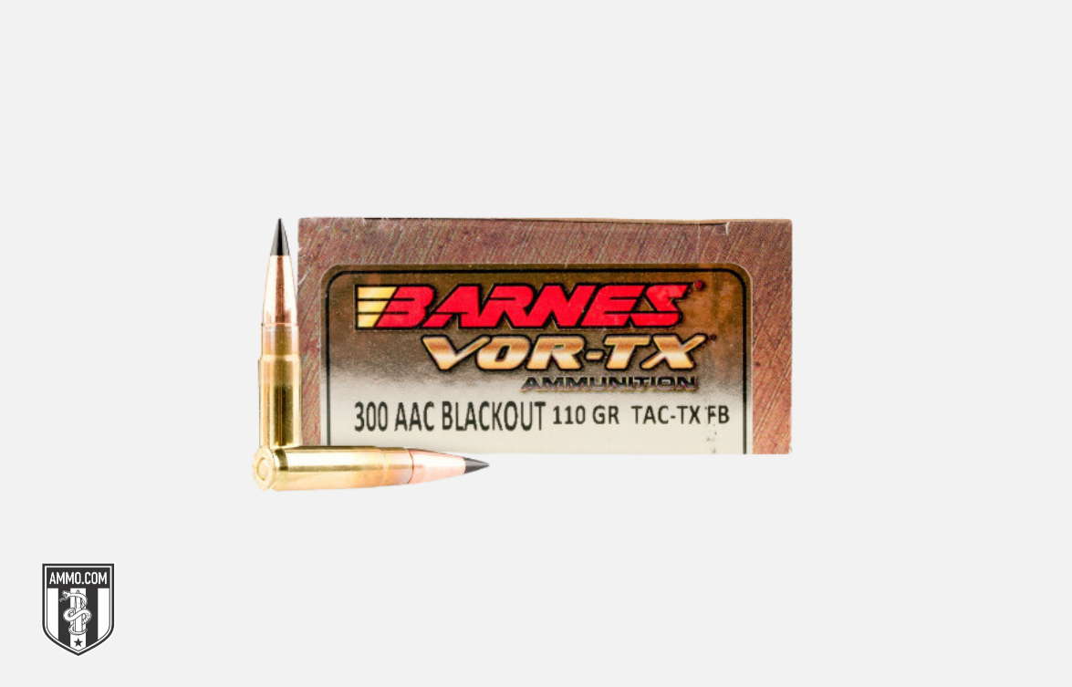 Barnes VOR-TX 300 AAC Blackout 110 grain TAC-TX FB ammunition box with bullet