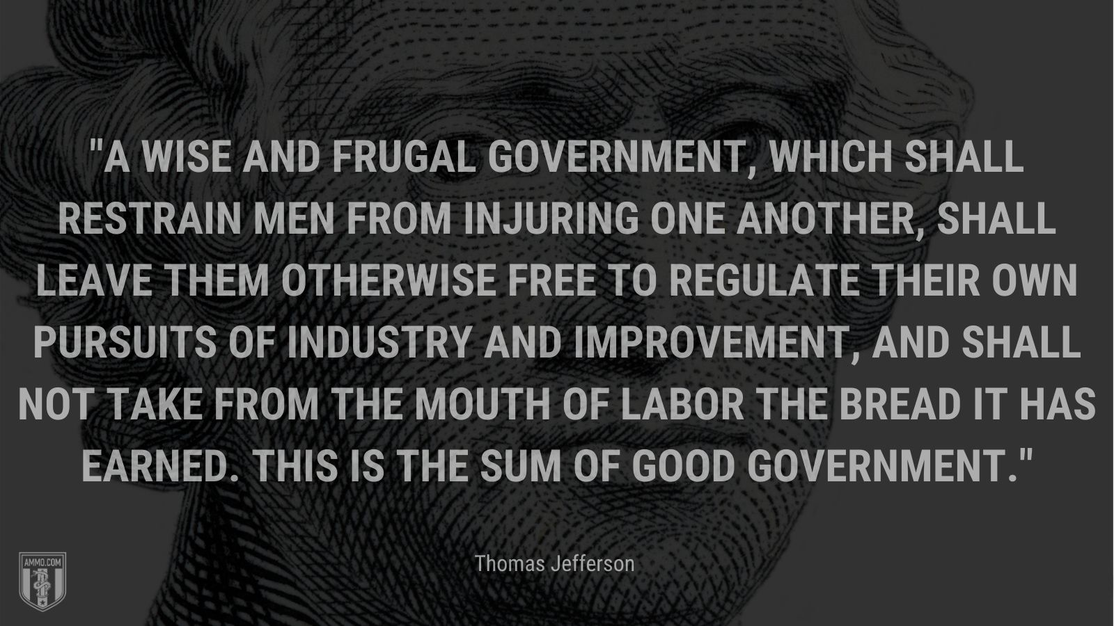 “A wise and frugal Government, which shall restrain men from injuring one another, shall leave them otherwise free to regulate their own pursuits of industry and improvement, and shall not take from the mouth of labor the bread it has earned. This is the sum of good government.” - Thomas Jefferson