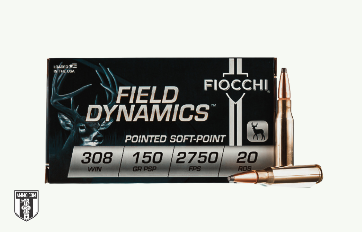 Fiocchi Field Dynamics .308 Winchester ammunition box with copper bullets. Box shows 150 grain pointed soft-point bullets, 2750 FPS velocity, 20 rounds.