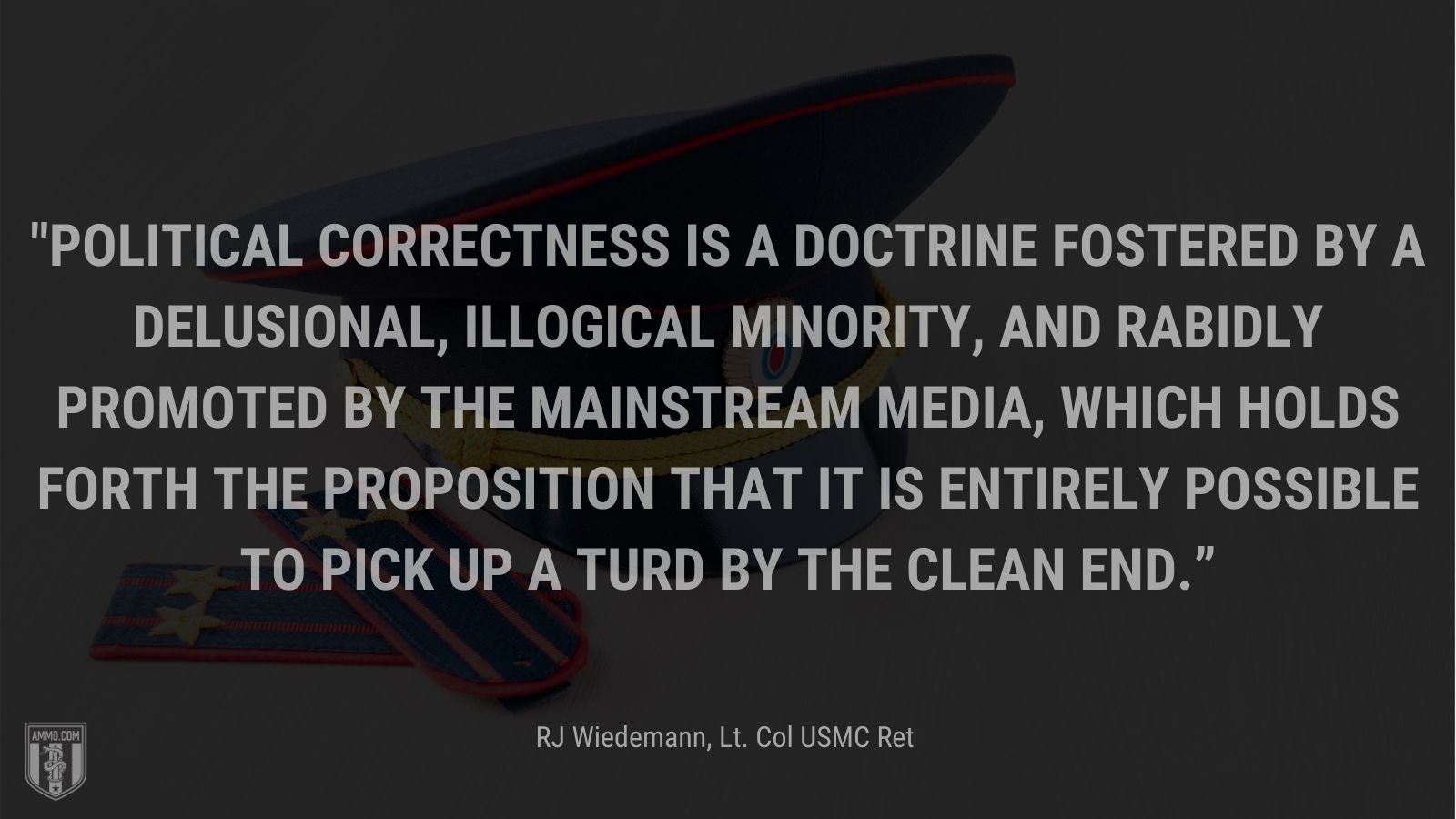 “Political correctness is a doctrine fostered by a delusional, illogical minority, and rabidly promoted by the mainstream media, which holds forth the proposition that it is entirely possible to pick up a turd by the clean end.” - RJ Wiedemann, Lt. Col USMC Ret