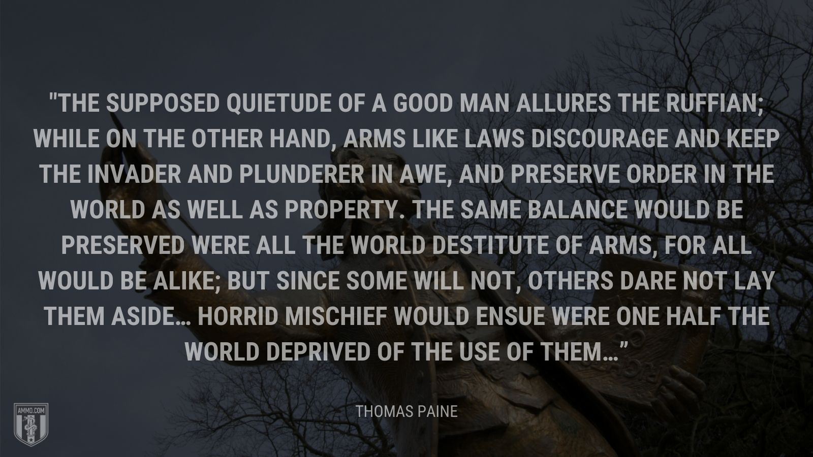 “The supposed quietude of a good man allures the ruffian; while on the other hand, arms like laws discourage and keep the invader and plunderer in awe, and preserve order in the world as well as property. The same balance would be preserved were all the world destitute of arms, for all would be alike; but since some will not, others dare not lay them aside… Horrid mischief would ensue were one half the world deprived of the use of them…” - Thomas Paine