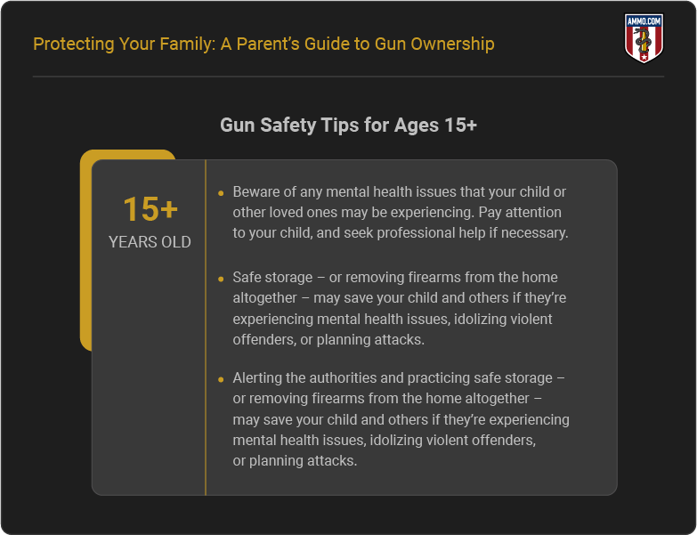 Gun safety tips for parents with children ages 15+ years old showing three key guidelines