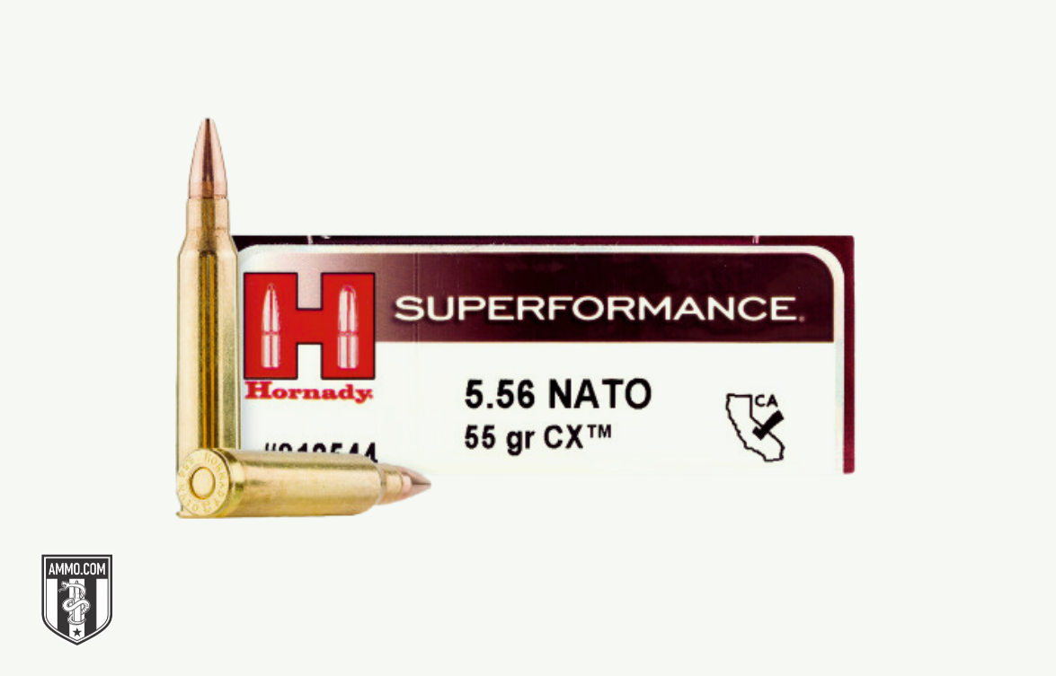 Hornady Superformance 5.56 NATO 55 grain CX ammunition with two cartridges displayed