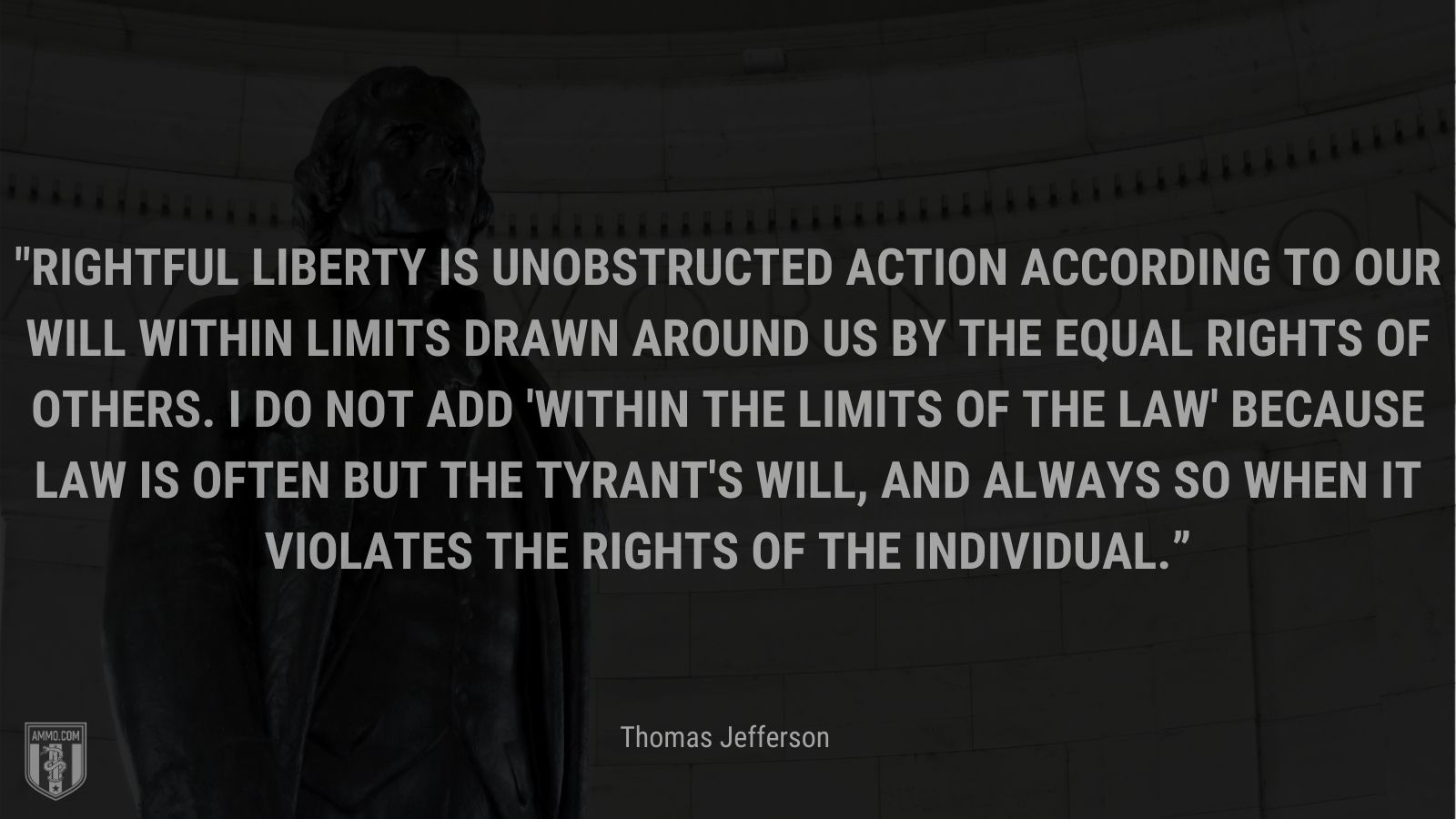 “Rightful liberty is unobstructed action according to our will within limits drawn around us by the equal rights of others. I do not add 'within the limits of the law' because law is often but the tyrant's will, and always so when it violates the rights of the individual.” - Thomas Jefferson