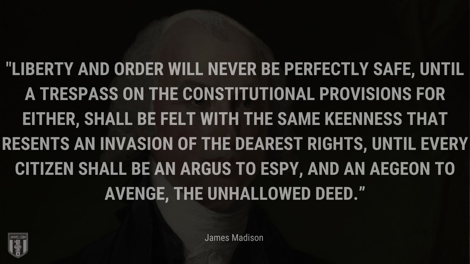 “Liberty and order will never be perfectly safe, until a trespass on the constitutional provisions for either, shall be felt with the same keenness that resents an invasion of the dearest rights, until every citizen shall be an Argus to espy, and an Aegeon to avenge, the unhallowed deed.” - James Madison