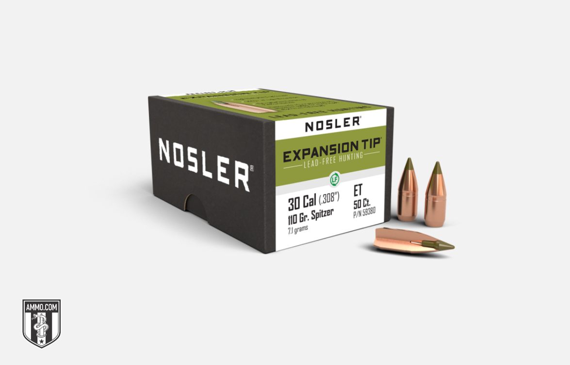 Nosler 110 Grain Expansion Tip ammunition box with bullet