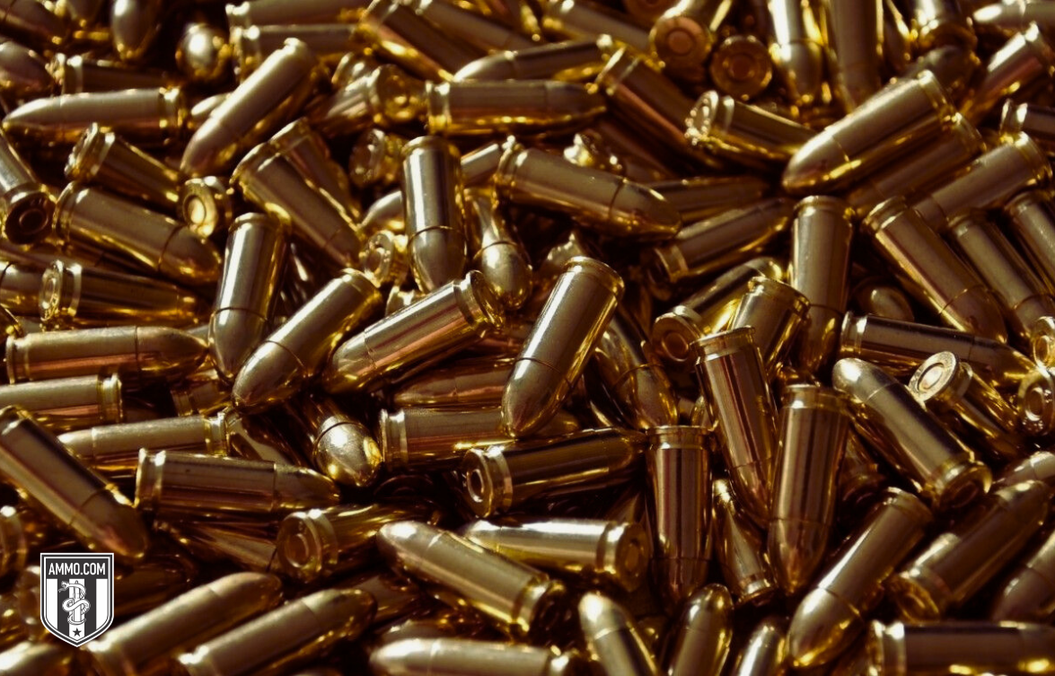 Pile of shiny brass 9mm Luger handgun ammunition cartridges from Ammo.com