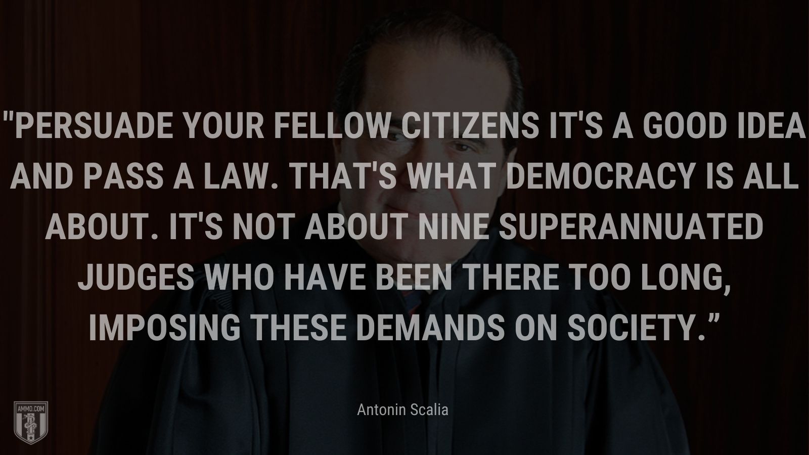 “Persuade your fellow citizens it's a good idea and pass a law. That's what democracy is all about. It's not about nine superannuated judges who have been there too long, imposing these demands on society.” - Antonin Scalia