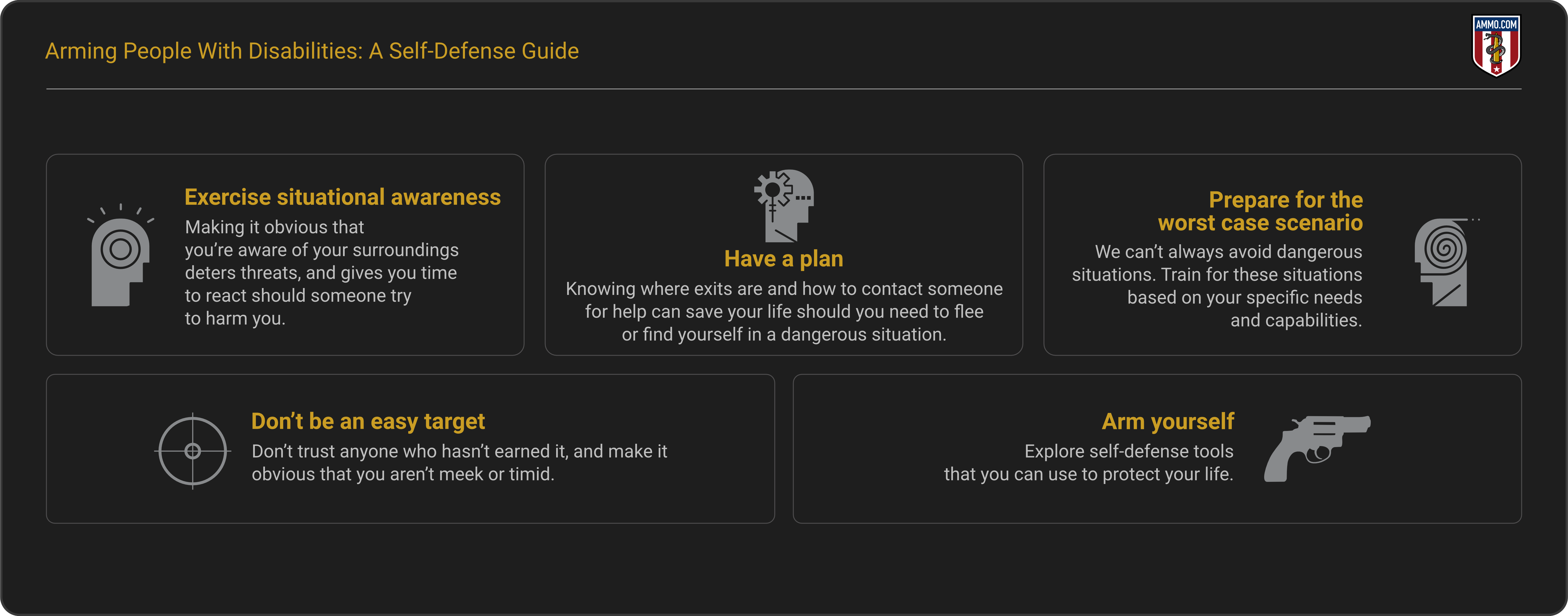 Self-defense guide for people with disabilities showing five key safety strategies