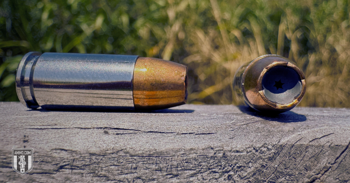 10mm Auto and 9mm Luger cartridges on a log