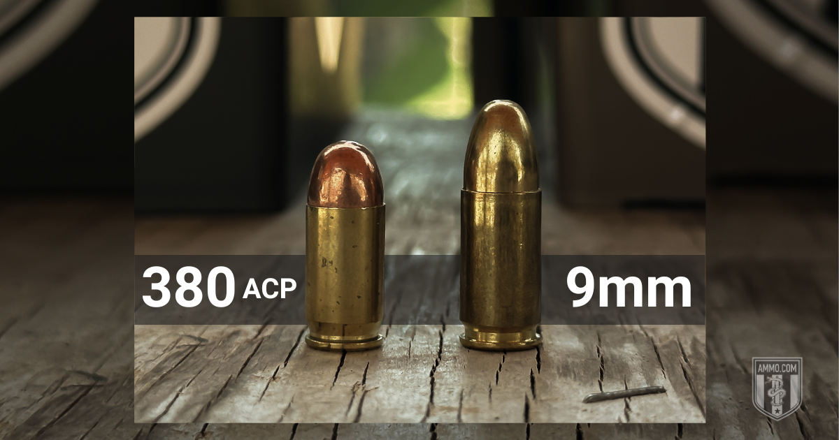 .380 ACP vs. 9mm ammunition cartridges side-by-side size comparison on wooden surface