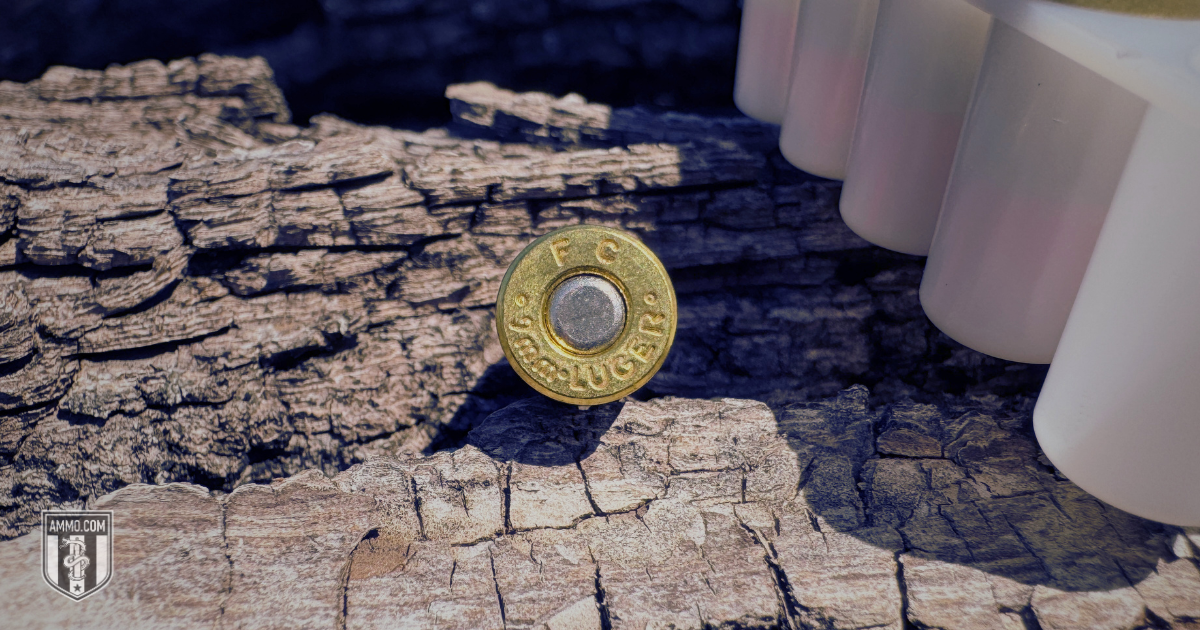 Federal Syntech 9mm round headstamp on weathered wood