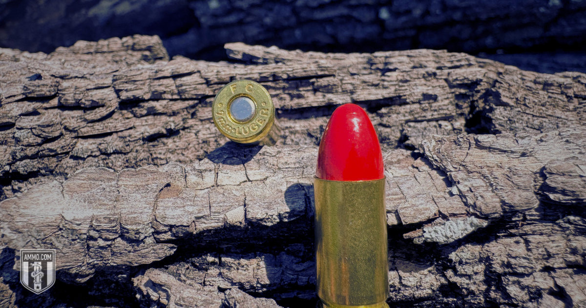 Federal Syntech Defense red-tipped round on a log
