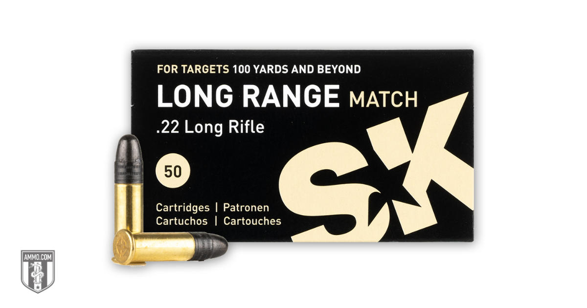 Box of SK Long Range Match 22 LR competition ammo, 40 grain Lead Round Nose, 50 rounds per box