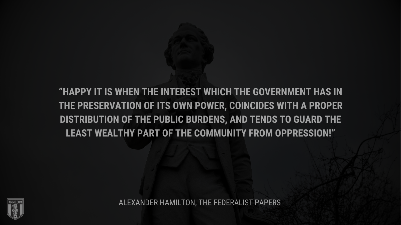 &ldquo;Happy it is when the interest which the government has in the preservation of its own power, coincides with a proper distribution of the public burdens, and tends to guard the least wealthy part of the community from oppression!&rdquo; - Alexander Hamilton