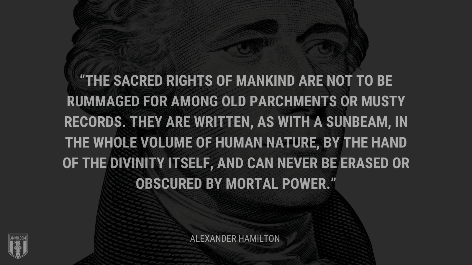 &ldquo;The sacred rights of mankind are not to be rummaged for among old parchments or musty records. They are written, as with a sunbeam, in the whole volume of human nature, by the hand of the divinity itself, and can never be erased or obscured by mortal power.&rdquo; - Alexander Hamilton