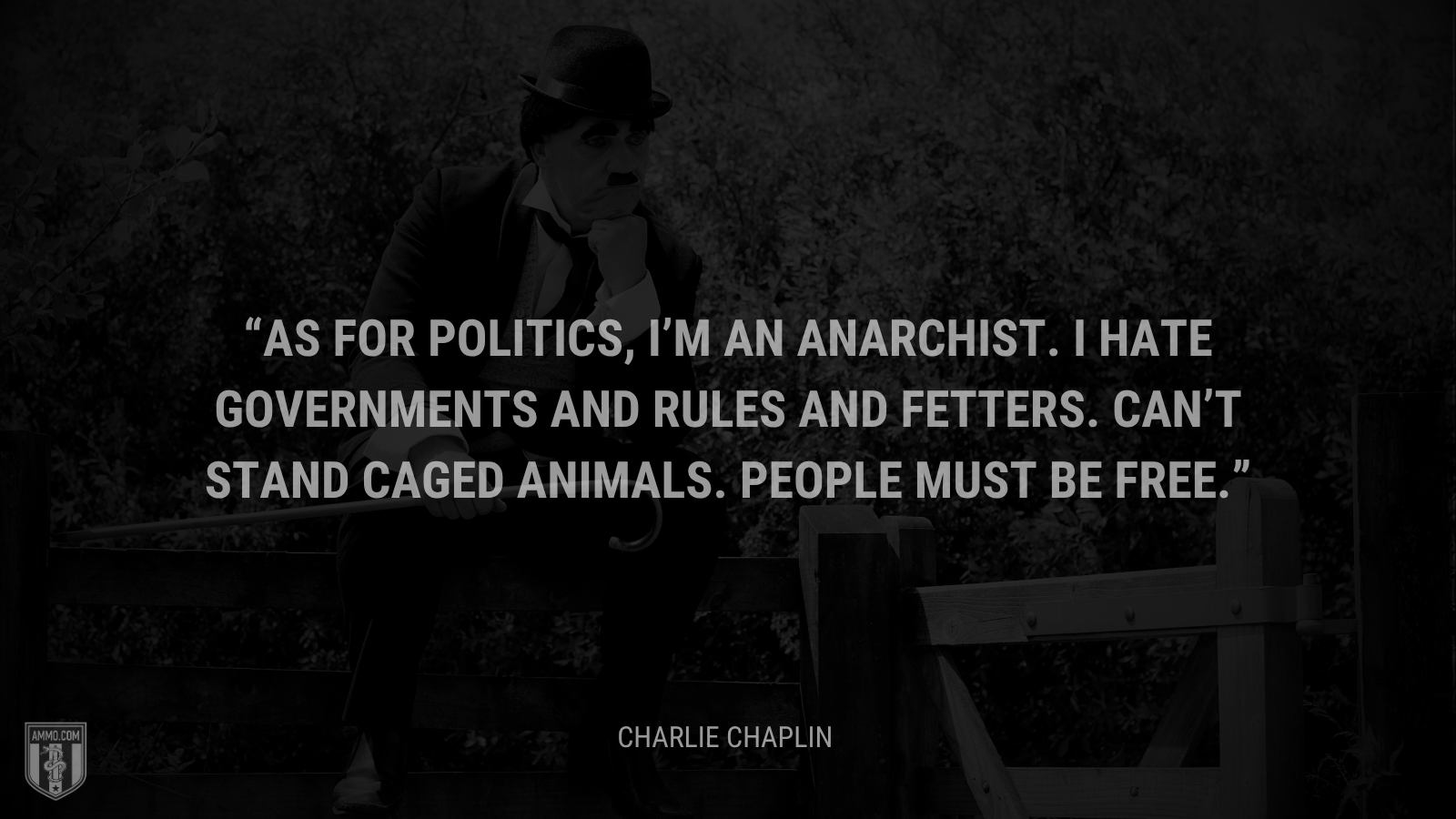 &ldquo;As for politics, I’m an anarchist. I hate governments and rules and fetters. Can’t stand caged animals. People must be free. - Charlie Chaplin