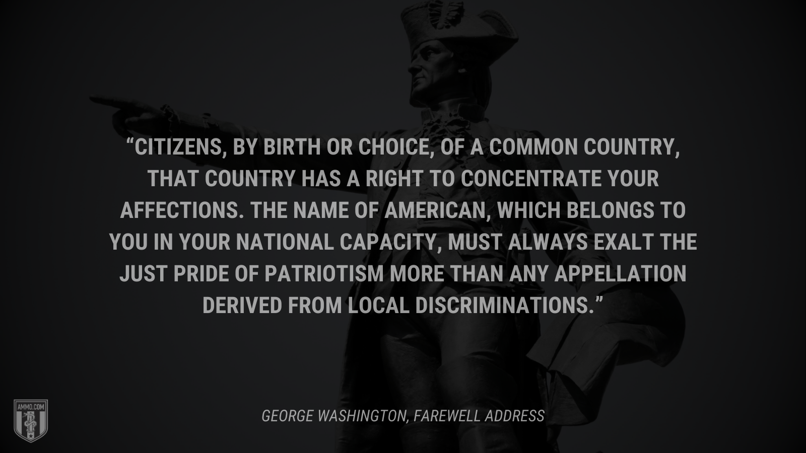 &ldquo;Citizens, by birth or choice, of a common country, that country has a right to concentrate your affections. The name of American, which belongs to you in your national capacity, must always exalt the just pride of patriotism more than any appellation derived from local discriminations.&rdquo; - George Washington
