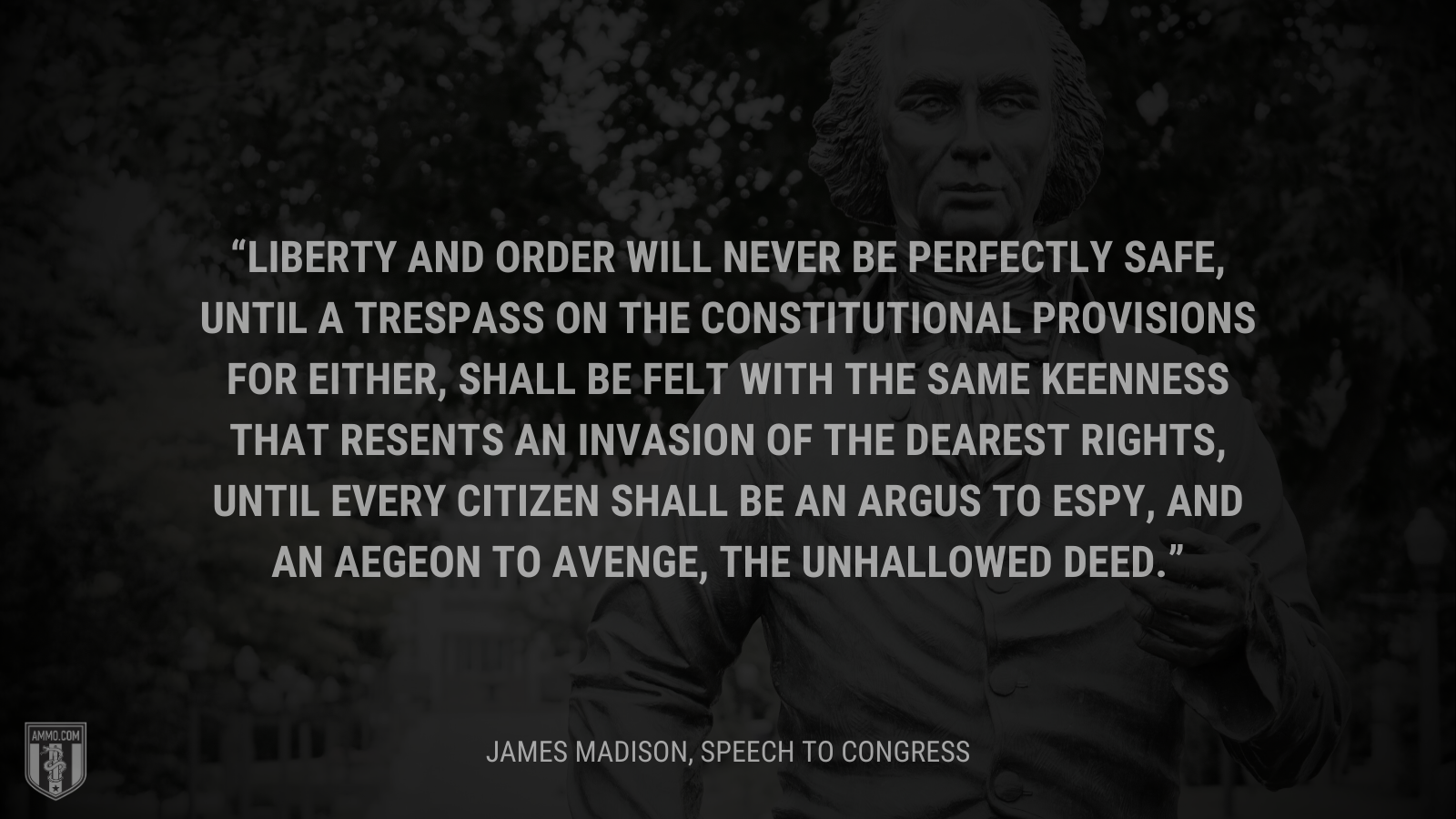 &ldquo;Liberty and order will never be perfectly safe, until a trespass on the constitutional provisions for either, shall be felt with the same keenness that resents an invasion of the dearest rights, until every citizen shall be an Argus to espy, and an Aegeon to avenge, the unhallowed deed.&rdquo; - James Madison