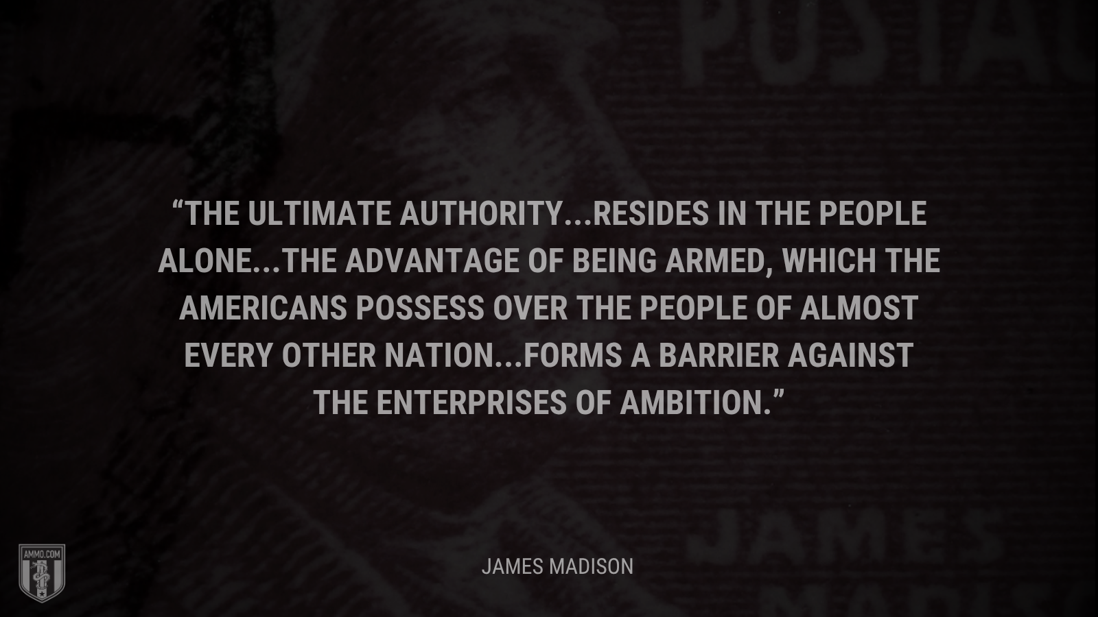 &ldquo;The ultimate authority...resides in the people alone...The advantage of being armed, which the Americans possess over the people of almost every other nation...forms a barrier against the enterprises of ambition.&rdquo; - James Madison