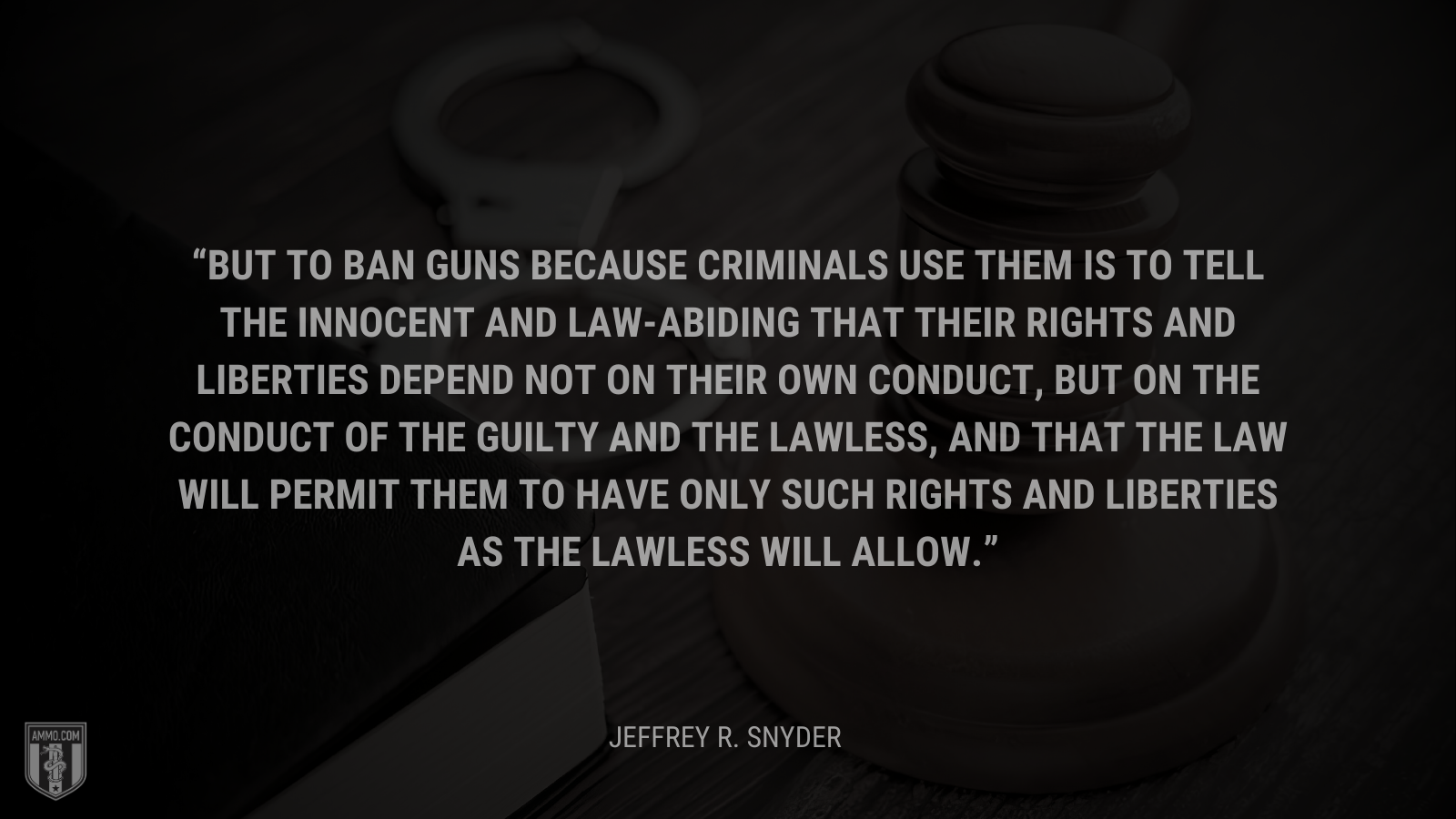 &ldquo;But to ban guns because criminals use them is to tell the innocent and law-abiding that their rights and liberties depend not on their own conduct, but on the conduct of the guilty and the lawless, and that the law will permit them to have only such rights and liberties as the lawless will allow.&rdquo; - Jeffrey R. Snyder