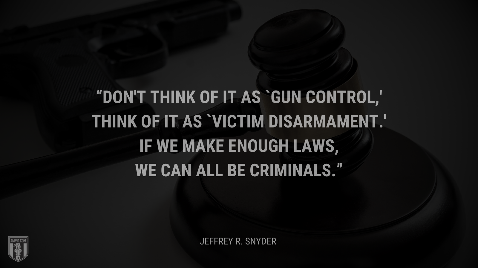 &ldquo;Don't think of it as `gun control,' think of it as `victim disarmament.' If we make enough laws, we can all be criminals.&rdquo; - Jeffrey R. Snyder