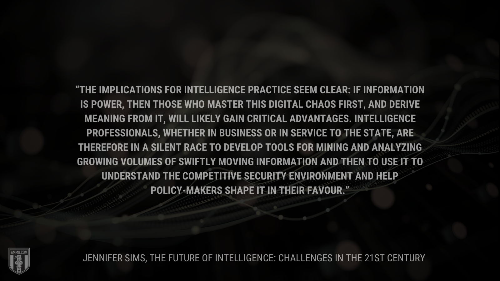 &ldquo;The implications for intelligence practice seem clear: if information is power, then those who master this digital chaos first, and derive meaning from it, will likely gain critical advantages. Intelligence professionals, whether in business or in service to the state, are therefore in a silent race to develop tools for mining and analyzing growing volumes of swiftly moving information and then to use it to understand the competitive security environment and help policy-makers shape it in their favour.&rdquo; - Jennifer Sims