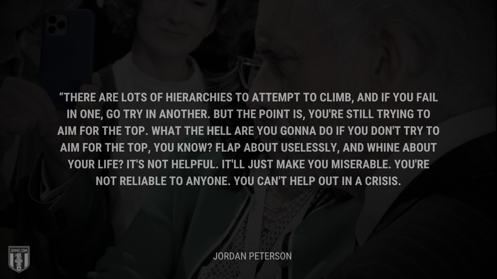 &ldquo;There are lots of hierarchies to attempt to climb, and if you fail in one, go try in another. But the point is, you're still trying to aim for the top. What the hell are you gonna do if you don't try to aim for the top, you know? Flap about uselessly, and whine about your life? It's not helpful. It'll just make you miserable. You're not reliable to anyone. You can't help out in a crisis.&rdquo; - Jordan Peterson