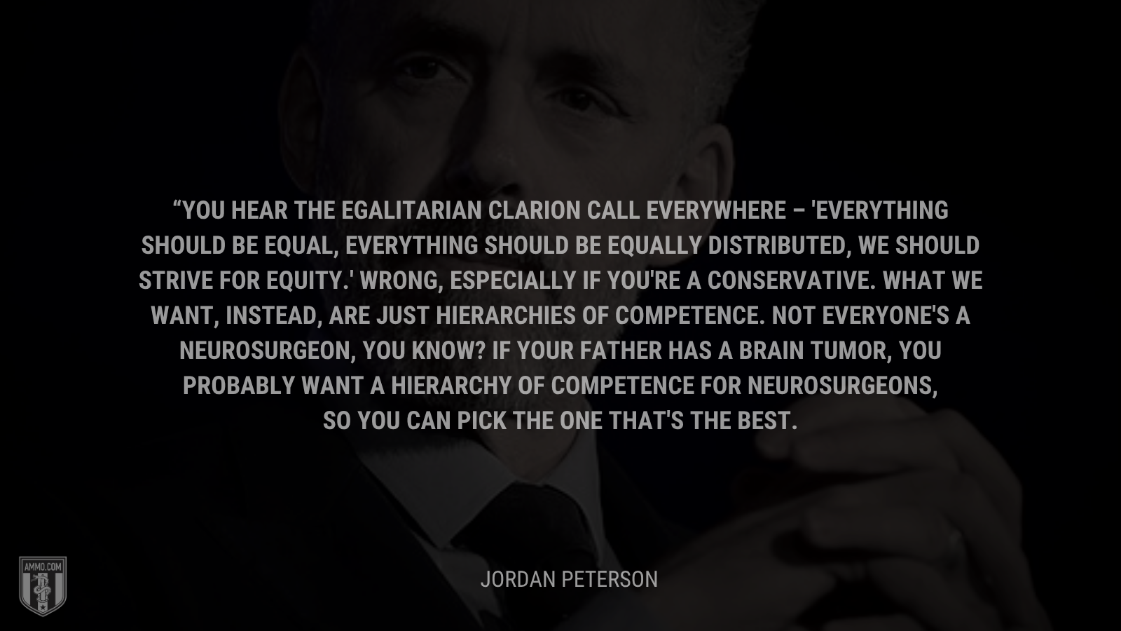 &ldquo; “You hear the egalitarian clarion call everywhere – 'Everything should be equal, everything should be equally distributed, we should strive for equity.' Wrong, especially if you're a conservative. What we want, instead, are just hierarchies of competence. Not everyone's a neurosurgeon, you know? If your father has a brain tumor, you probably want a hierarchy of competence for neurosurgeons, so you can pick the one that's the best. &rdquo; - Jordan Peterson