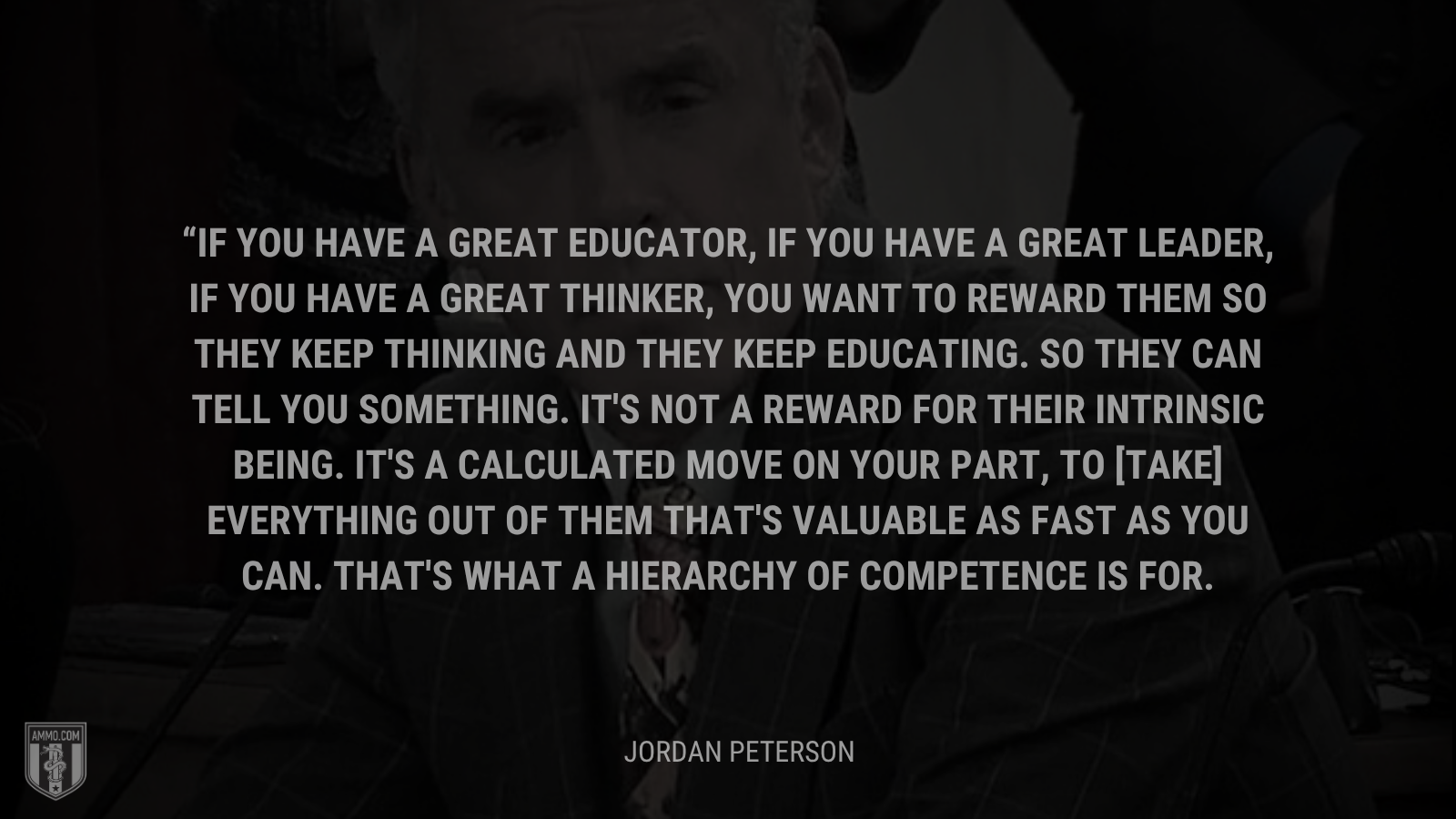 &ldquo;If you have a great educator, if you have a great leader, if you have a great thinker, you want to reward them so they keep thinking and they keep educating. So they can tell you something. It's not a reward for their intrinsic being. It's a calculated move on your part, to [take] everything out of them that's valuable as fast as you can. That's what a hierarchy of competence is for.&rdquo; - Jordan Peterson