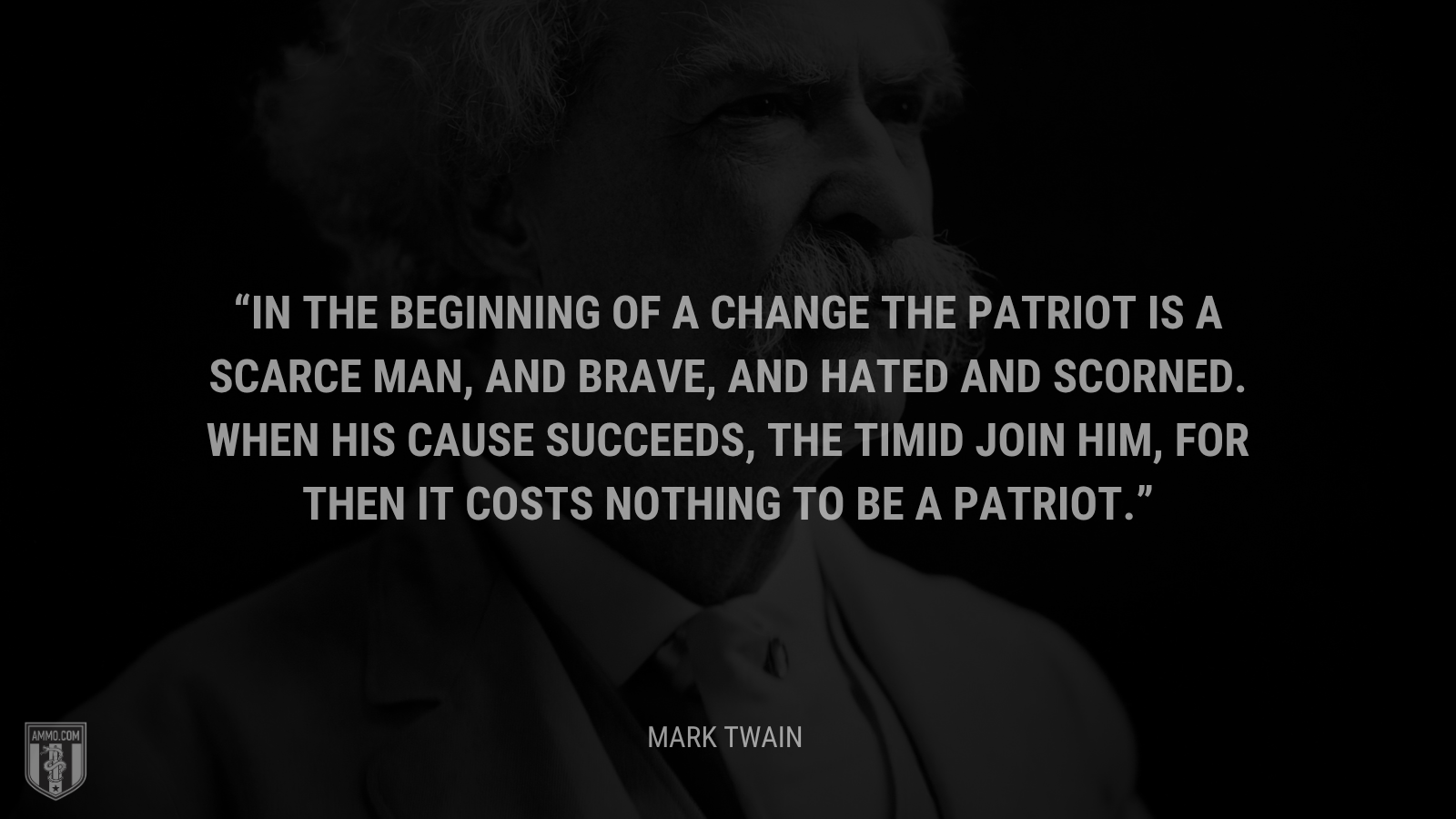 &ldquo;In the beginning of a change the patriot is a scarce man, and brave, and hated and scorned. When his cause succeeds, the timid join him, for then it costs nothing to be a patriot. - Mark Twain