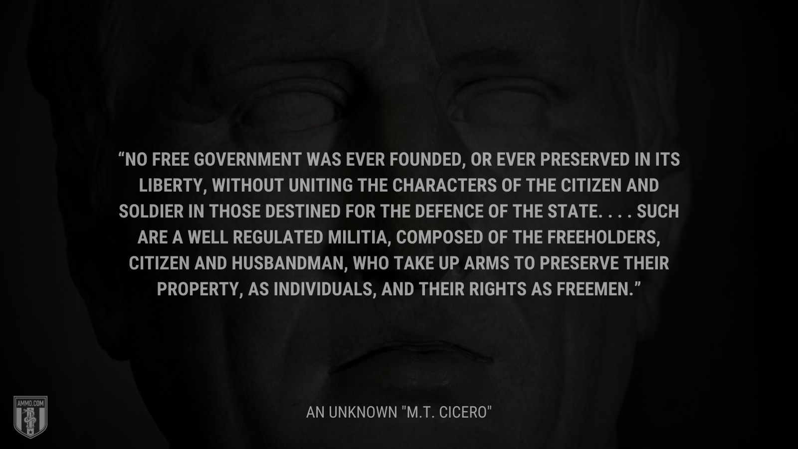 &ldquo;No free government was ever founded, or ever preserved in its liberty, without uniting the characters of the citizen and soldier in those destined for the defence of the state. . . . Such are a well regulated militia, composed of the freeholders, citizen and husbandman, who take up arms to preserve their property, as individuals, and their rights as freemen.&rdquo; - M.T. Cicero
