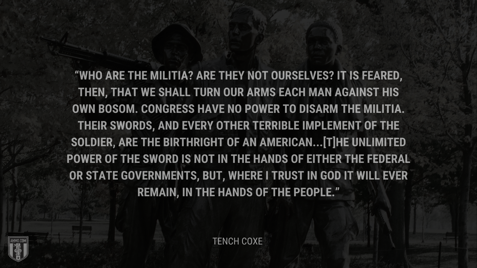 &ldquo;Who are the militia? Are they not ourselves? It is feared, then, that we shall turn our arms each man against his own bosom. Congress have no power to disarm the militia. Their swords, and every other terrible implement of the soldier, are the birthright of an American...[T]he unlimited power of the sword is not in the hands of either the federal or state governments, but, where I trust in God it will ever remain, in the hands of the people.&rdquo; - Tench Coxe