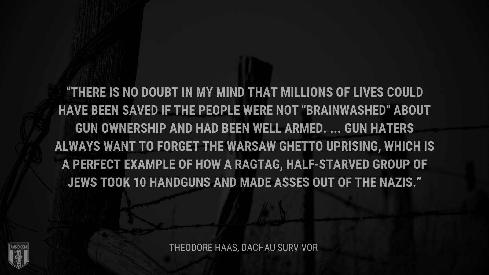 &ldquo;There is no doubt in my mind that millions of lives could have been saved if the people were not brainwashed about gun ownership and had been well armed. ... Gun haters always want to forget the Warsaw Ghetto uprising, which is a perfect example of how a ragtag, half-starved group of Jews took 10 handguns and made asses out of the Nazis.&rdquo; - Theodore Haas