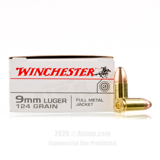 Winchester 9mm Ammo - 50 Rounds of 124 Grain FMJ Ammunition