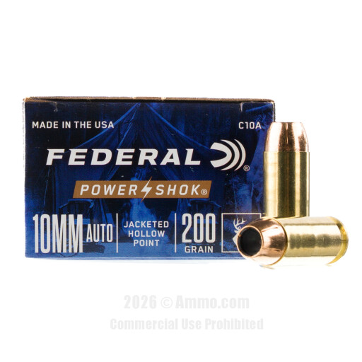 Federal Power-Shok 10mm Ammo - 20 Rounds of 200 Grain JHP Ammunition