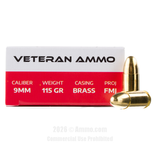 Veteran 9mm Ammo - 1000 Rounds of 115 Grain FMJ Ammunition