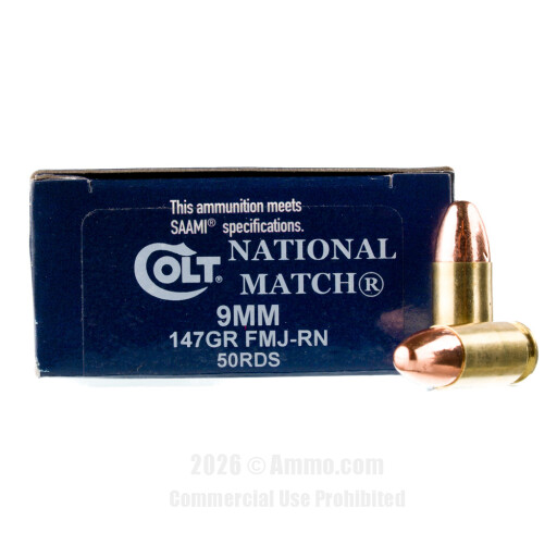 Colt National Match 9mm Ammo - 50 Rounds of 147 Grain FMJ Ammunition