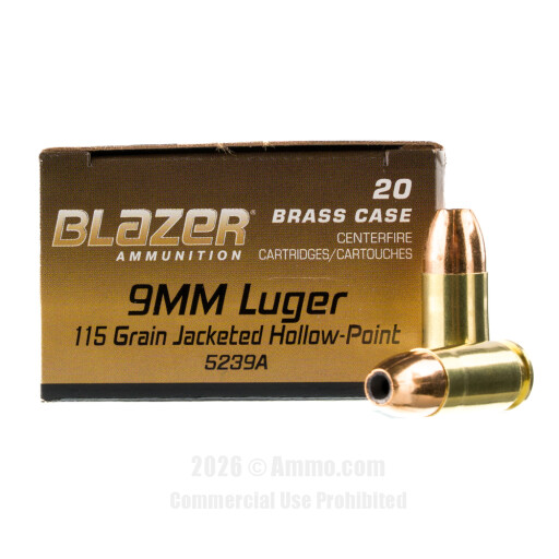 Blazer Brass 9mm Ammo - 20 Rounds of 115 Grain JHP Ammunition