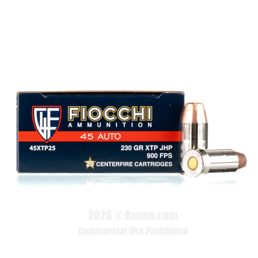 Fiocchi 45 ACP Ammo - 25 Rounds of 200 Grain JHP Ammunition