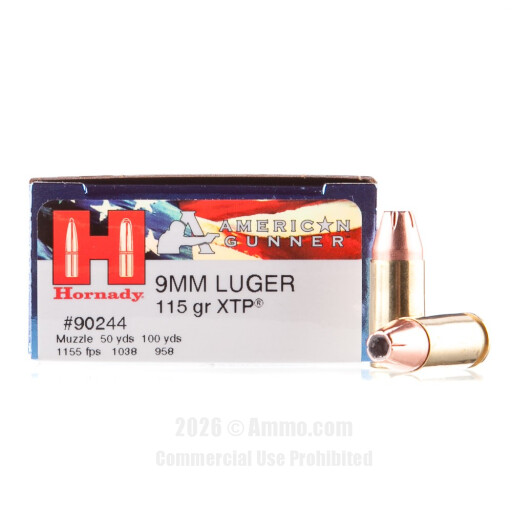 Hornady American Gunner 9mm Ammo - 250 Rounds of 115 Grain JHP...