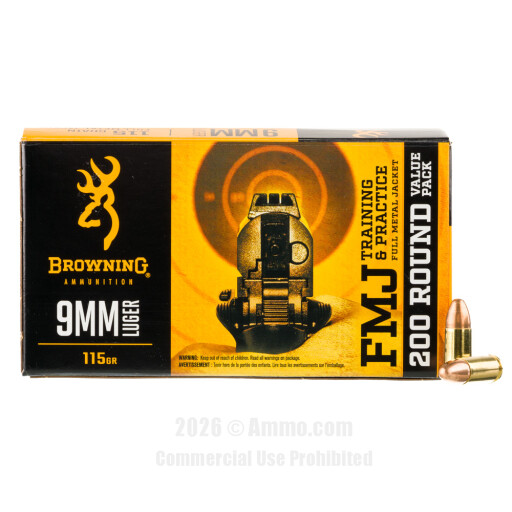 Browning 9mm Ammo - 200 Rounds of 115 Grain FMJ Ammunition