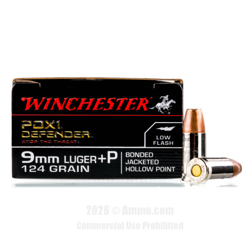 Winchester 9mm +P Ammo - 20 Rounds of 124 Grain JHP Ammunition