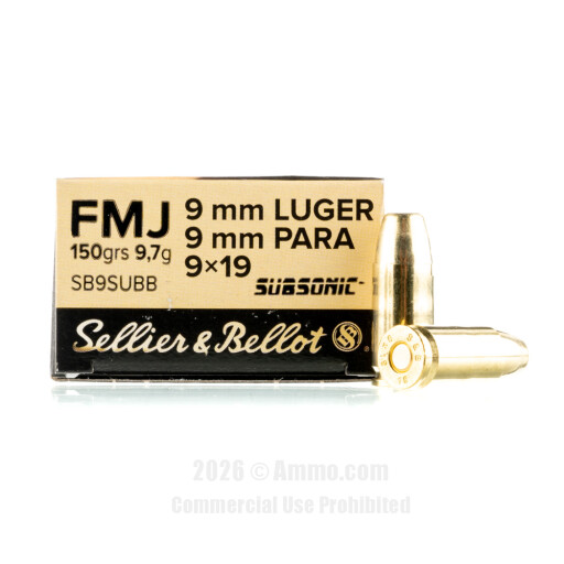 Sellier &amp; Bellot Subsonic 9mm Ammo - 50 Rounds of 150 Grain FMJ...