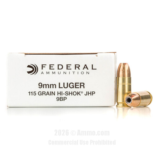 Federal 9mm Ammo - 50 Rounds of 115 Grain JHP Ammunition